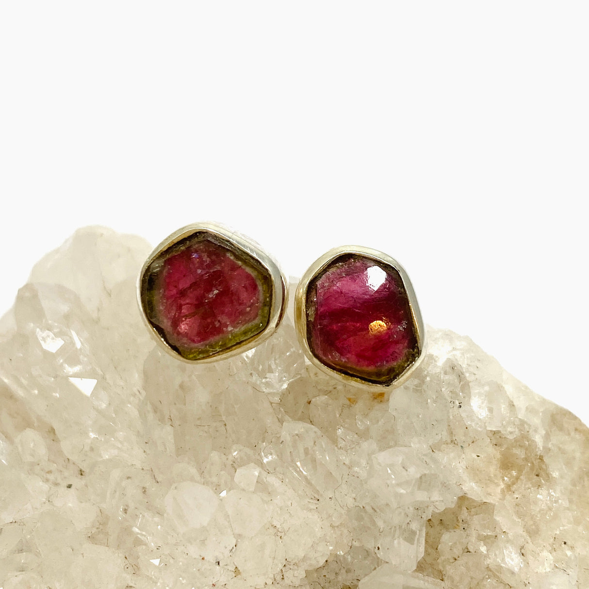 Watermelon Tourmaline Raw Slice Stud Earrings PEGJ240