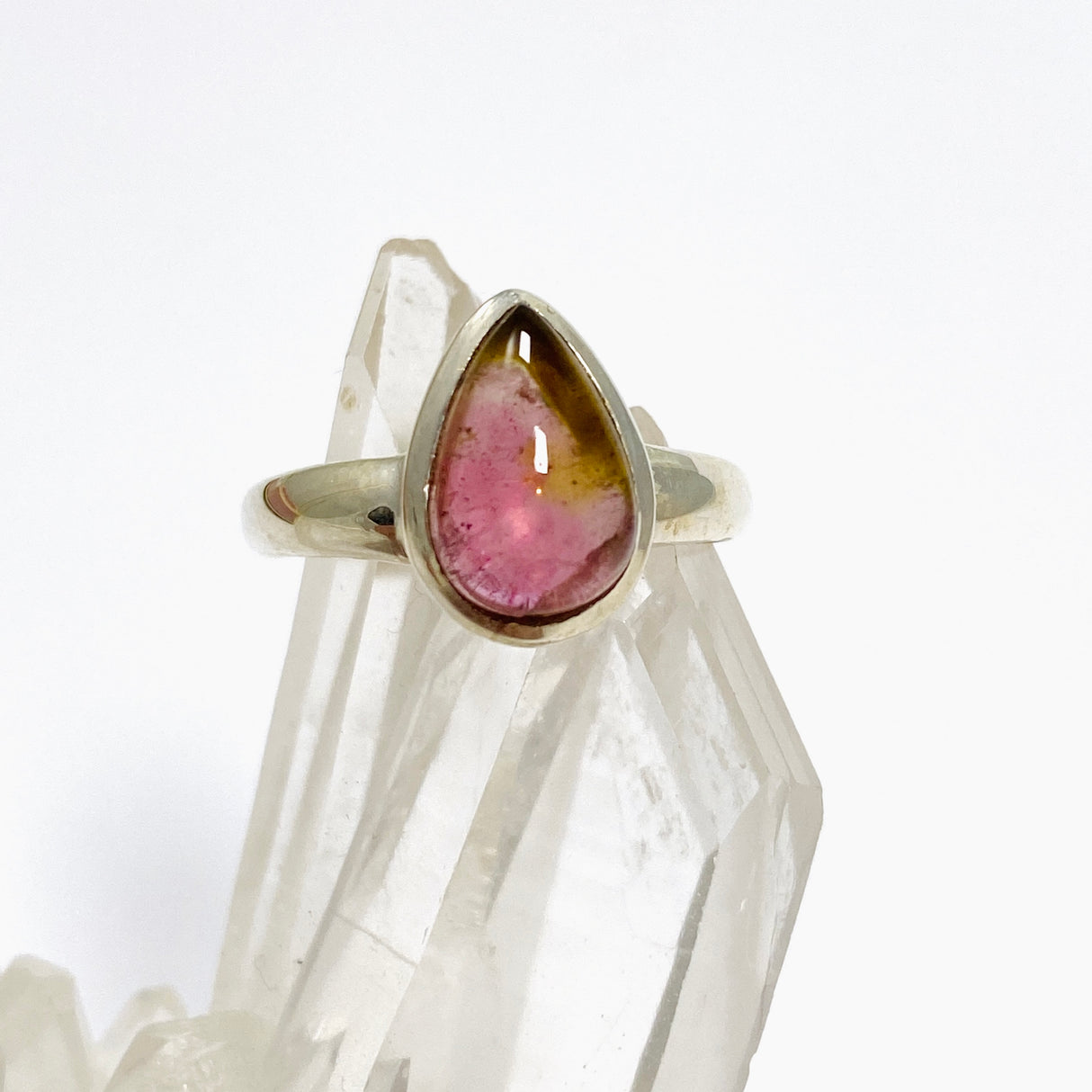 Watermelon Tourmaline Teardrop Cabochon Ring Size 5.5 PRGJ745