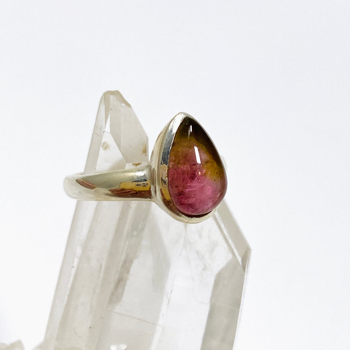 Watermelon Tourmaline Teardrop Cabochon Ring Size 5.5 PRGJ745