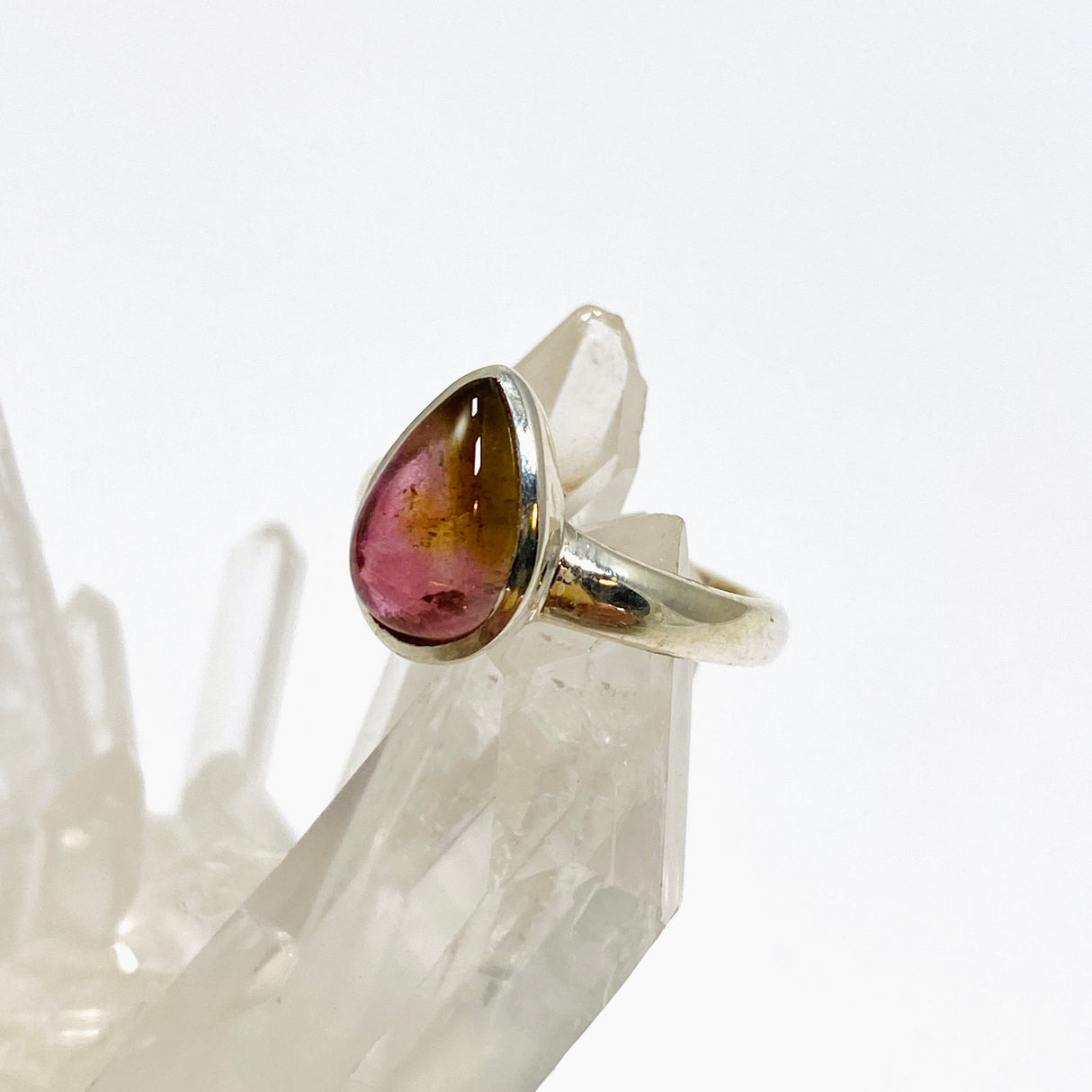 Watermelon Tourmaline Teardrop Cabochon Ring Size 5.5 PRGJ745