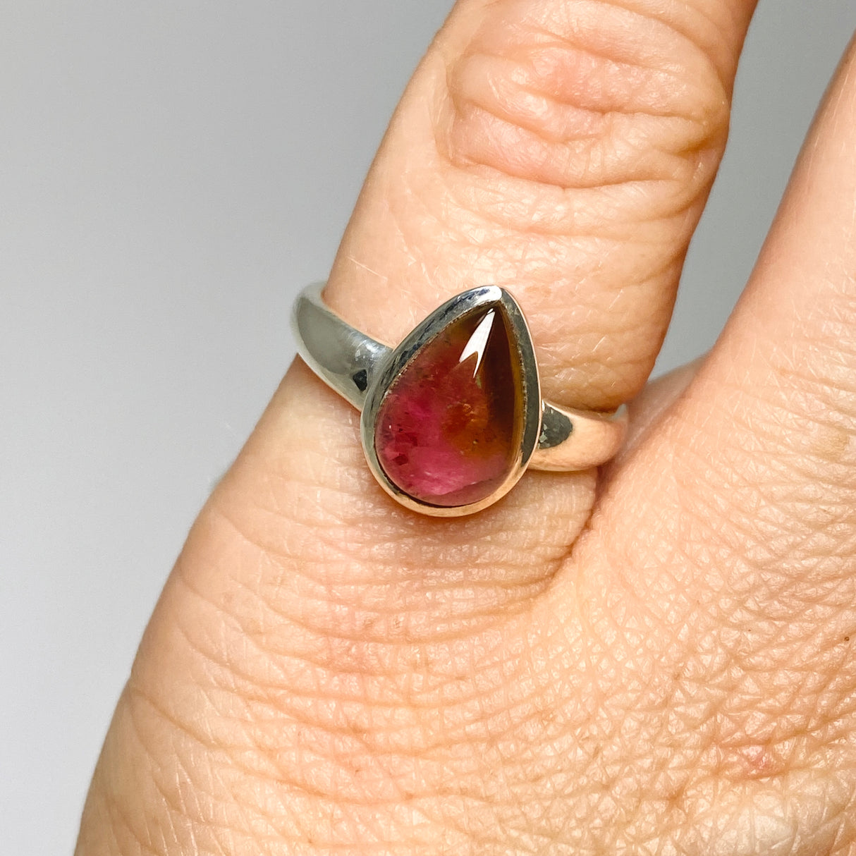 Watermelon Tourmaline Teardrop Cabochon Ring Size 5.5 PRGJ745