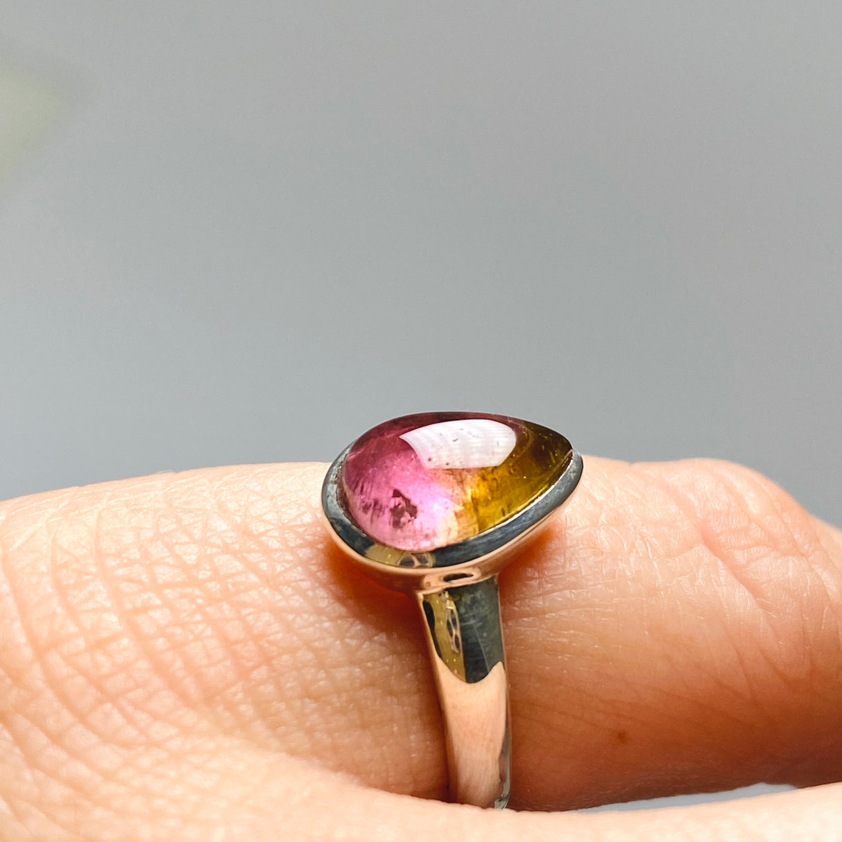 Watermelon Tourmaline Teardrop Cabochon Ring Size 5.5 PRGJ745