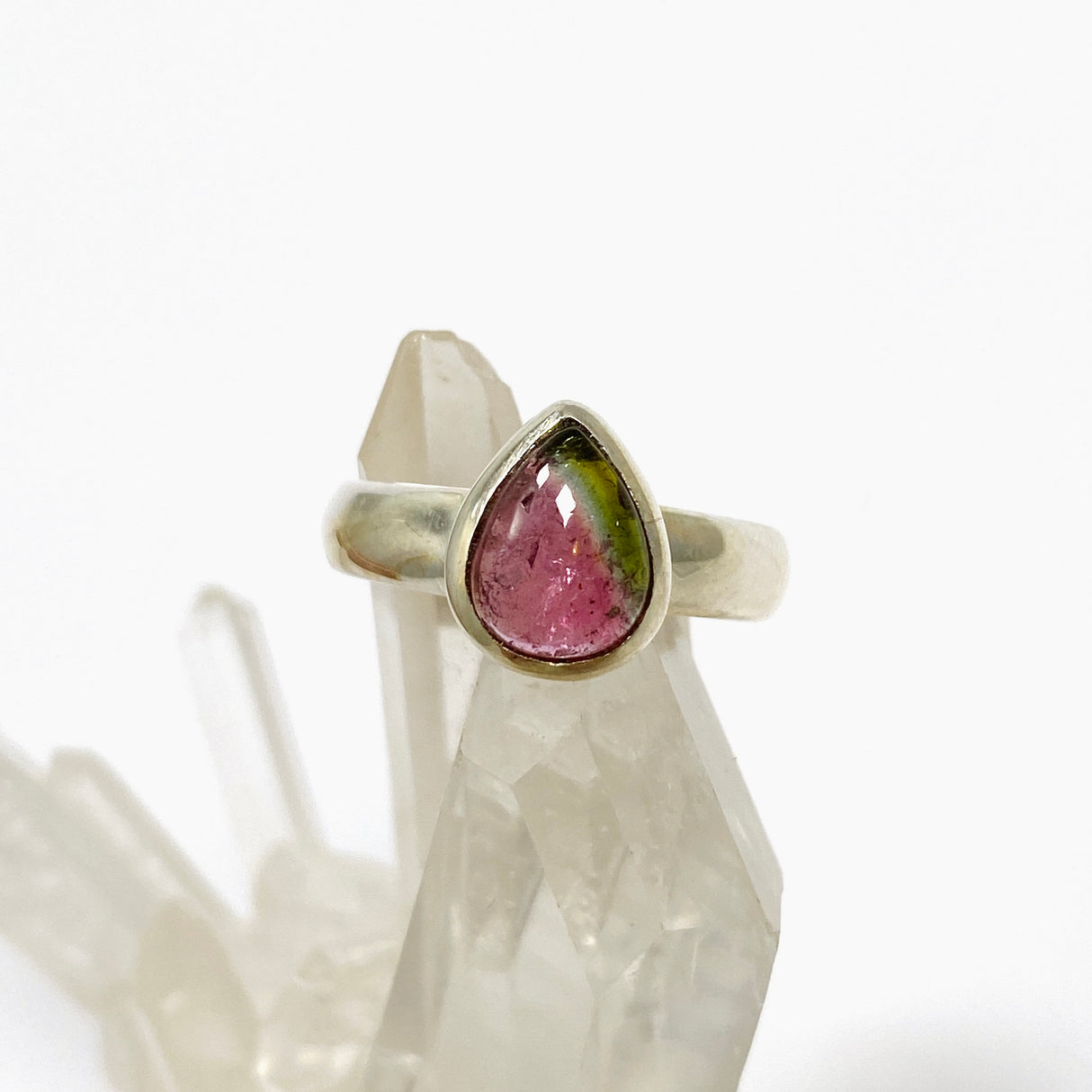 Watermelon Tourmaline Teardrop Cabochon Ring Size 5 PRGJ651