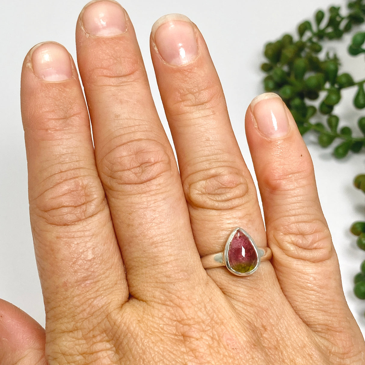 Watermelon Tourmaline Teardrop Cabochon Ring Size 7 PRGJ746