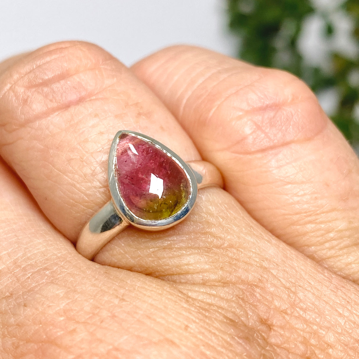 Watermelon Tourmaline Teardrop Cabochon Ring Size 7 PRGJ746