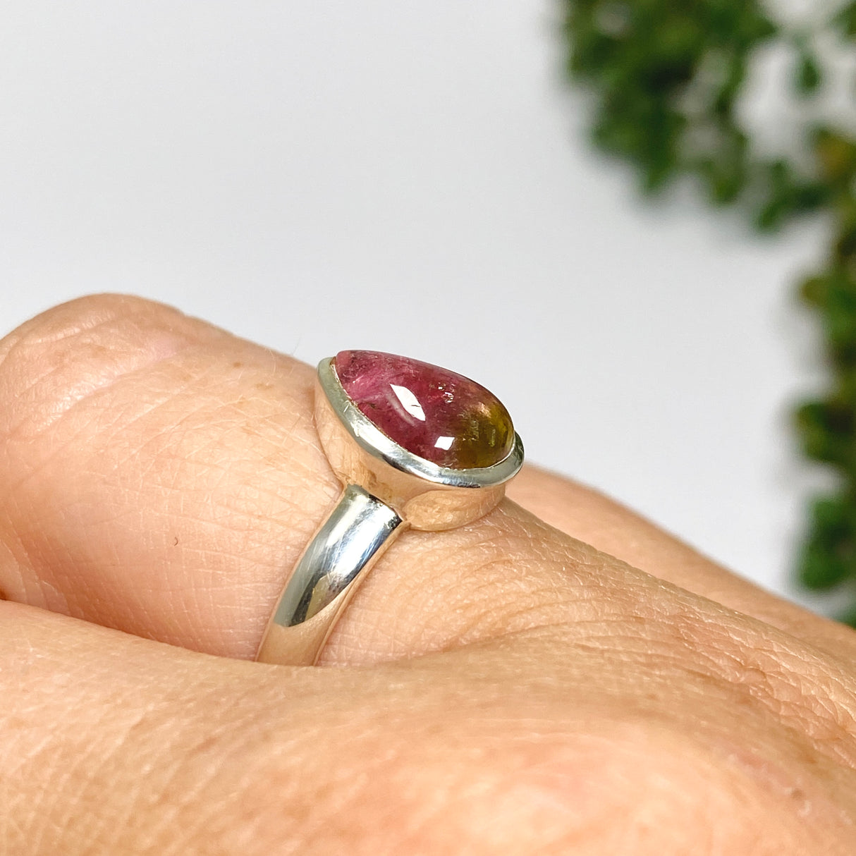 Watermelon Tourmaline Teardrop Cabochon Ring Size 7 PRGJ746