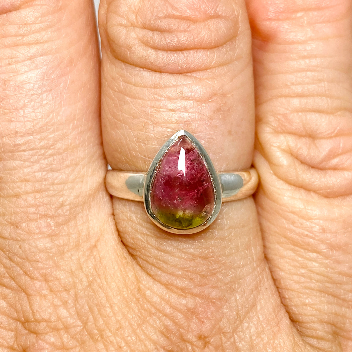 Watermelon Tourmaline Teardrop Cabochon Ring Size 7 PRGJ746