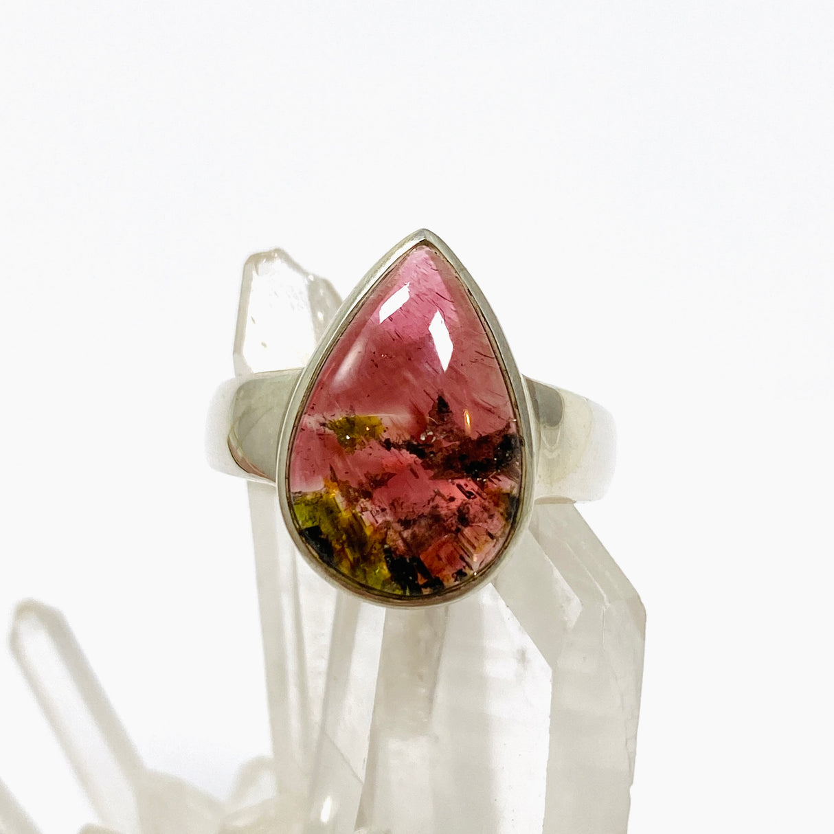 Watermelon Tourmaline Teardrop Cabochon Ring Size 8 PRGJ747