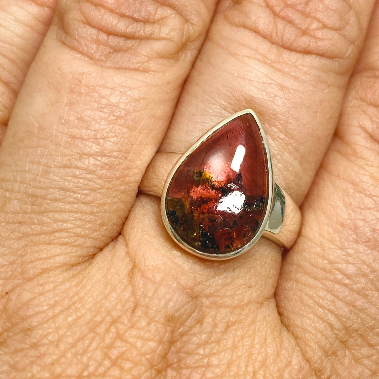 Watermelon Tourmaline Teardrop Cabochon Ring Size 8 PRGJ747