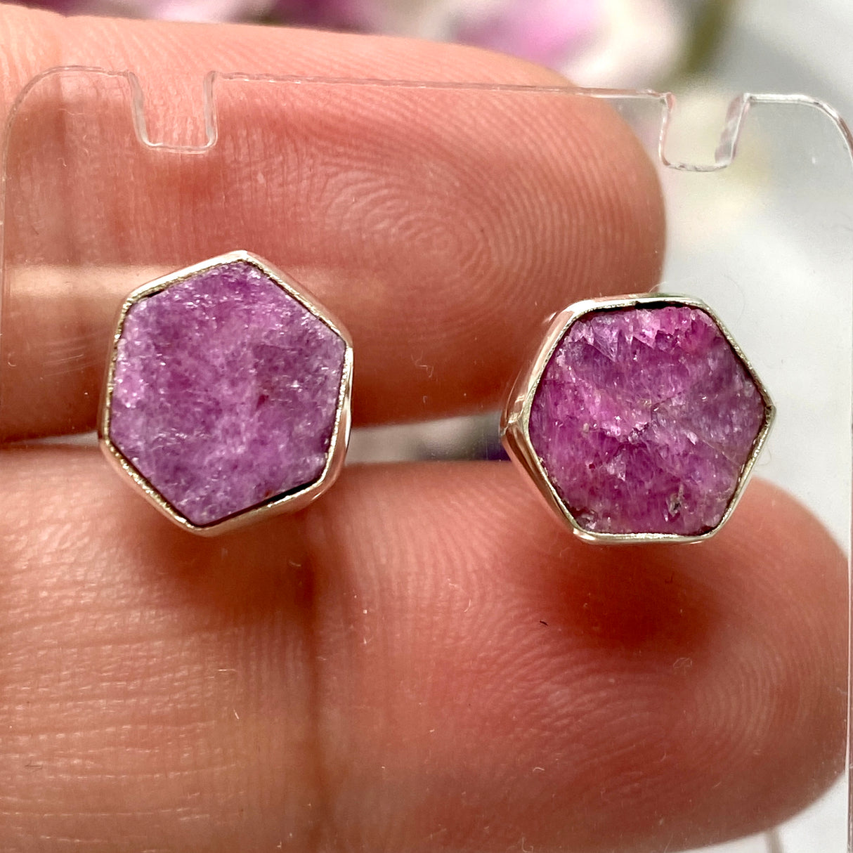 Ruby raw hexagonal stud earrings KEGJ1255