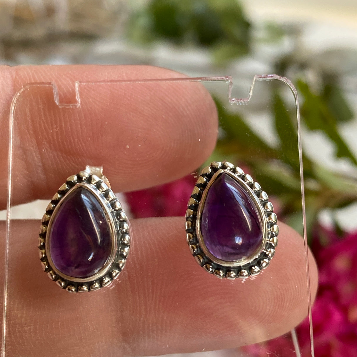 Amethyst decorative cabochon teardrop stud earrings KEGJ1196