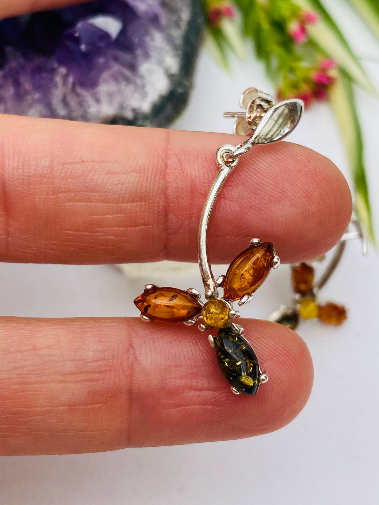 Baltic Amber mixed colour flower stud earrings AMB62