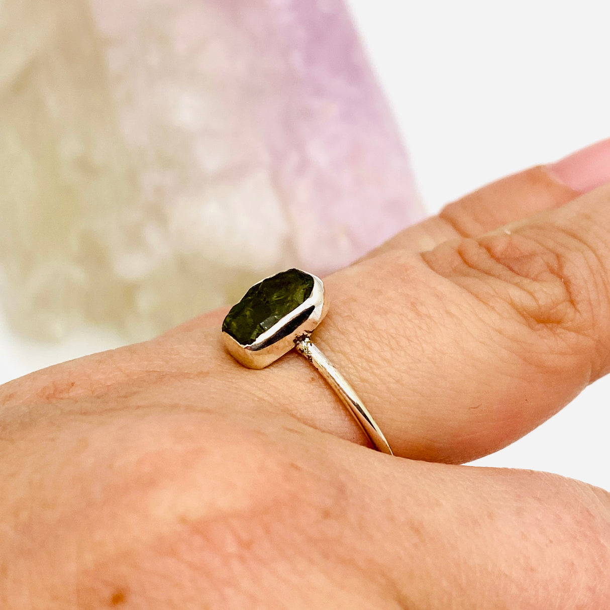 Raw Gemstone fine band ring - Green Tourmaline