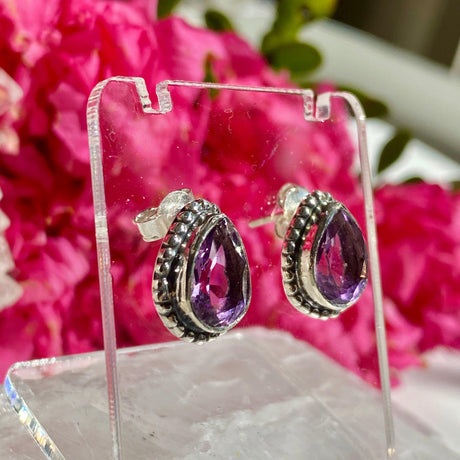 Amethyst decorative faceted teardrop stud earrings KEGJ1072 - Nature's Magick