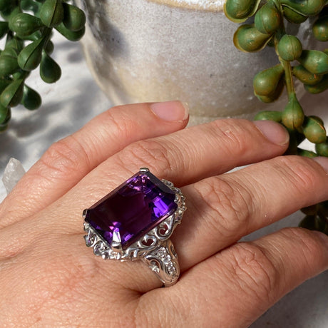 Amethyst emerald cut ring with CZ accent s.8 HRGJ-35 - Nature's Magick