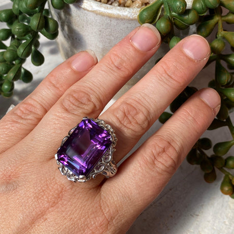 Amethyst emerald cut ring with CZ accent s.8 HRGJ-35 - Nature's Magick