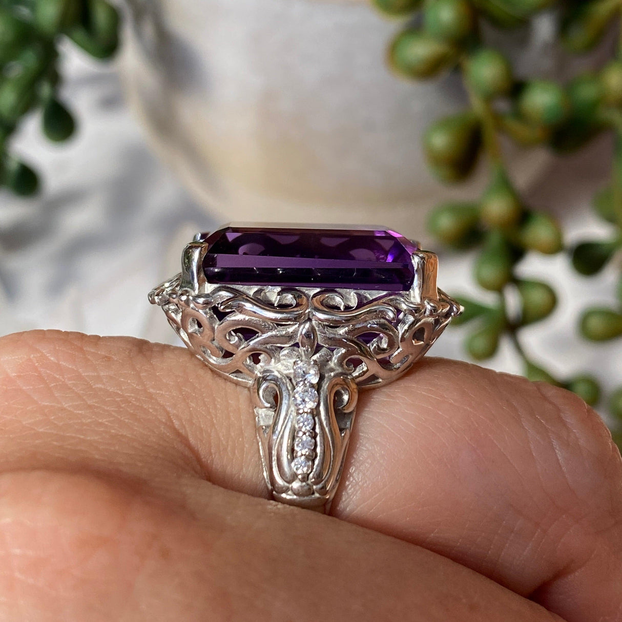 Amethyst emerald cut ring with CZ accent s.8 HRGJ-35 - Nature's Magick