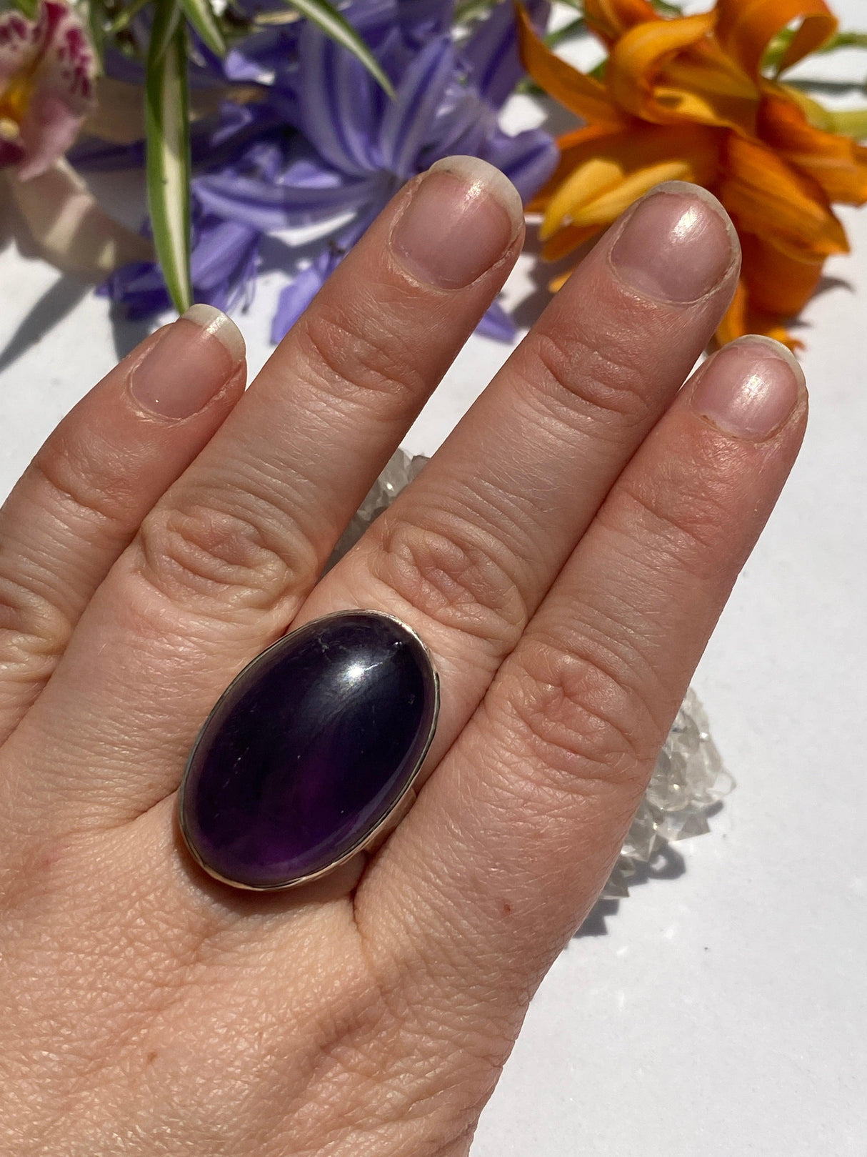 Amethyst Large Oval cabochon ring with beaten band s8 - Nature's Magick