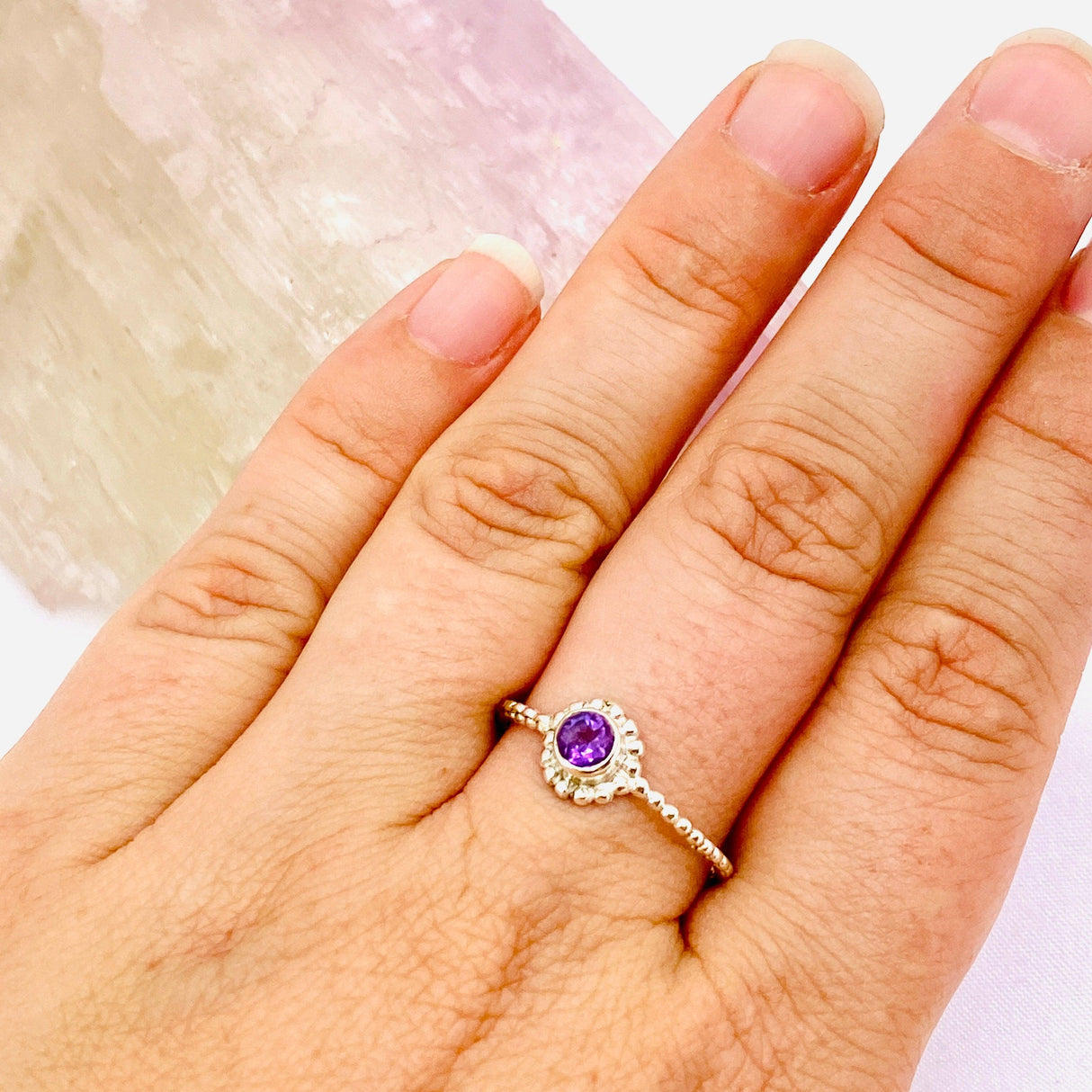 Amethyst Round Faceted Fine Band Ring with Detailed Silver Setting R3692-AM - Nature's Magick