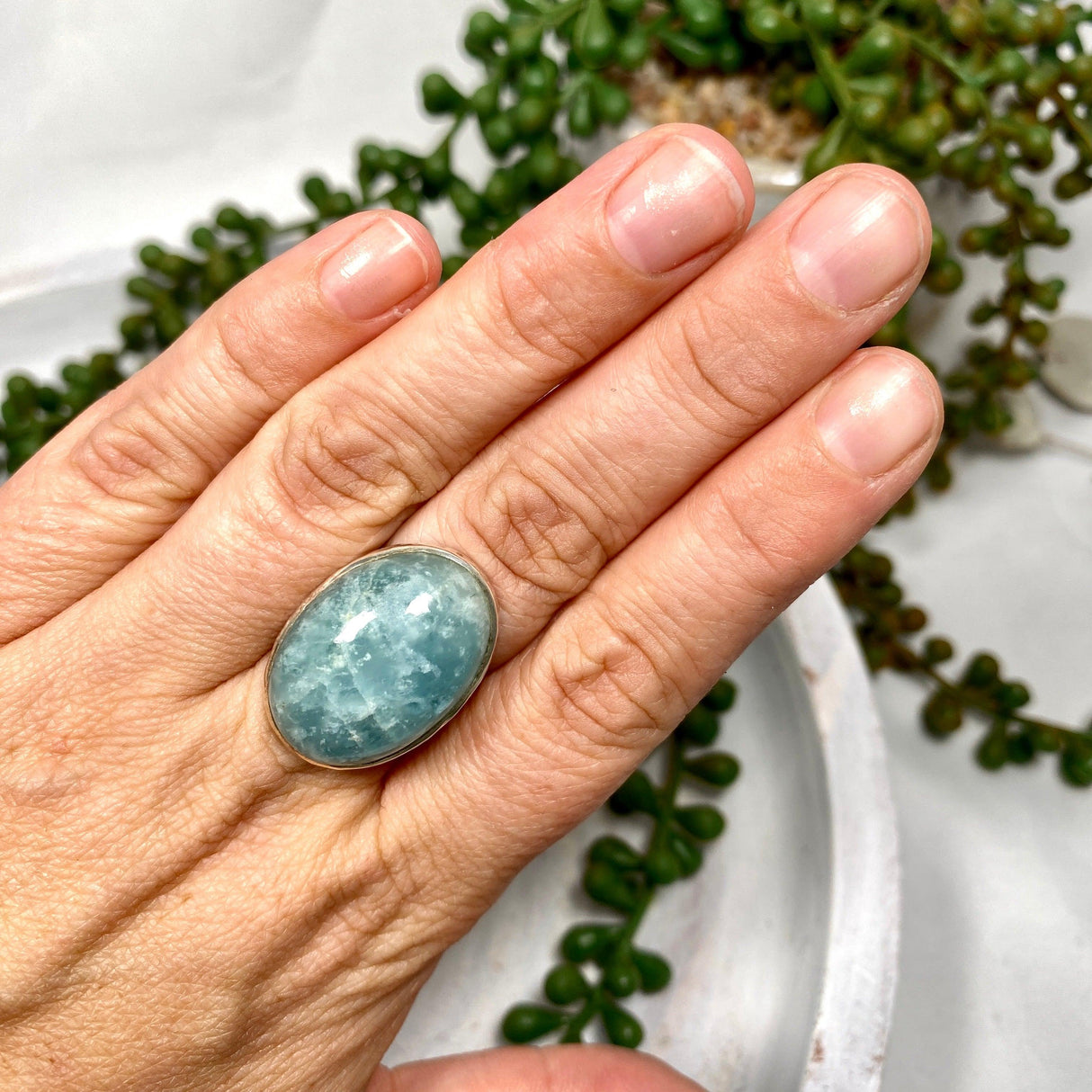 Aquamarine Oval Cabochon Ring with Hammered Band Size 8 KPGJ1355 - Nature's Magick