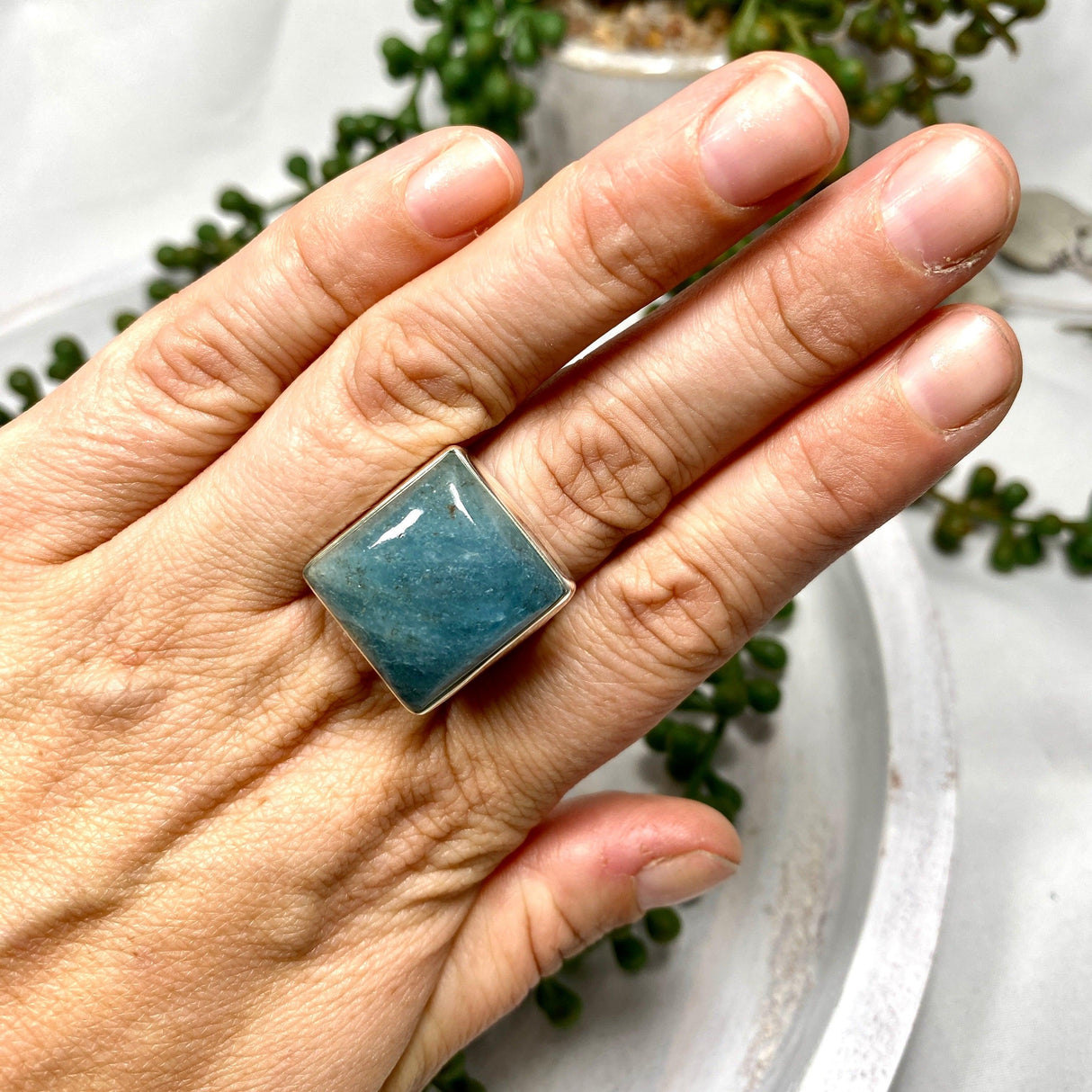 Aquamarine square beaten band ring s.11 KRGJ2317 - Nature's Magick