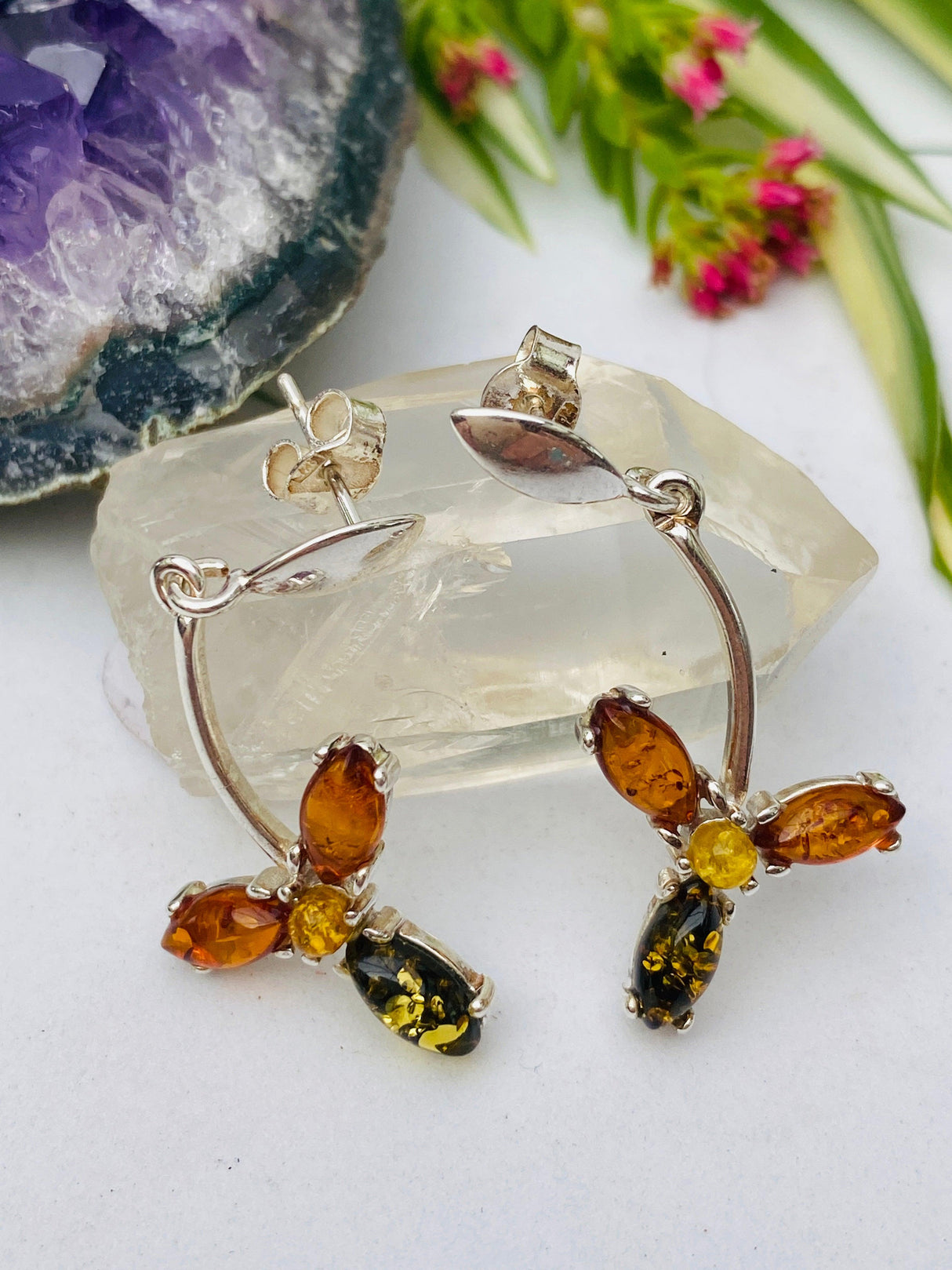 Baltic Amber mixed colour flower stud earrings AMB62 - Nature's Magick