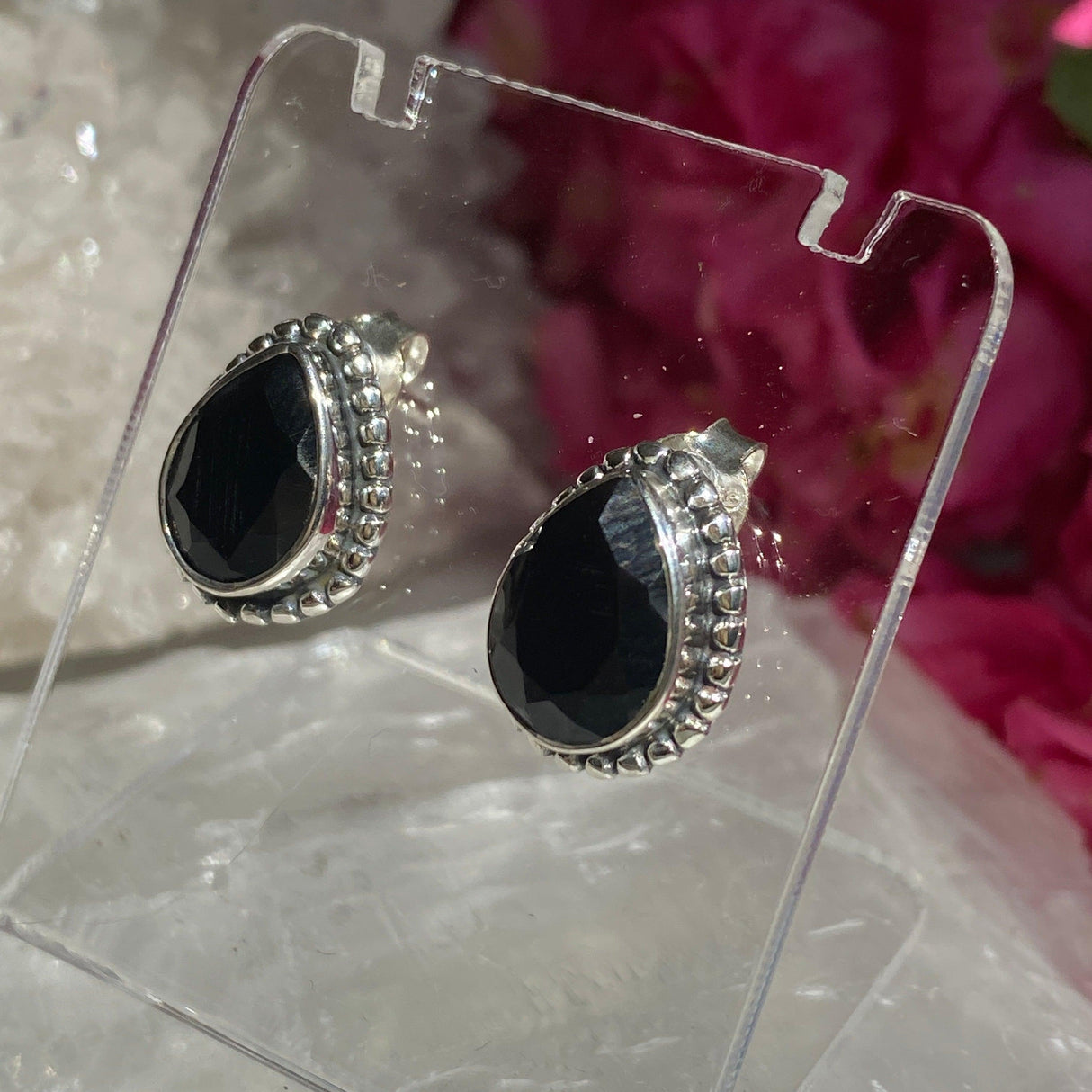 Black Onyx decorative faceted teardrop stud earrings KEGJ1073 - Nature's Magick