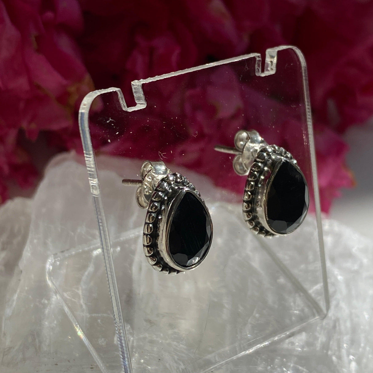 Black Onyx decorative faceted teardrop stud earrings KEGJ1073 - Nature's Magick