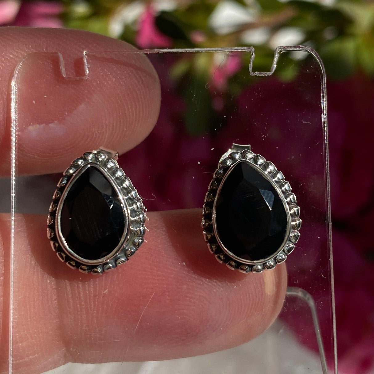 Black Onyx decorative faceted teardrop stud earrings KEGJ1073 - Nature's Magick