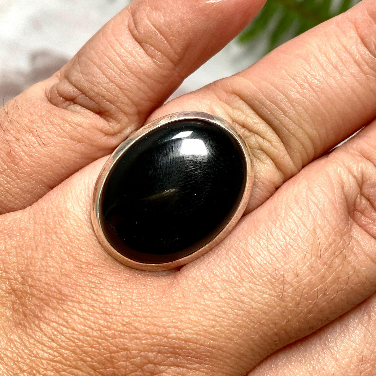 Black Onyx oval cabochon ring with split band Size 10 KRGJ1644 - Nature's Magick