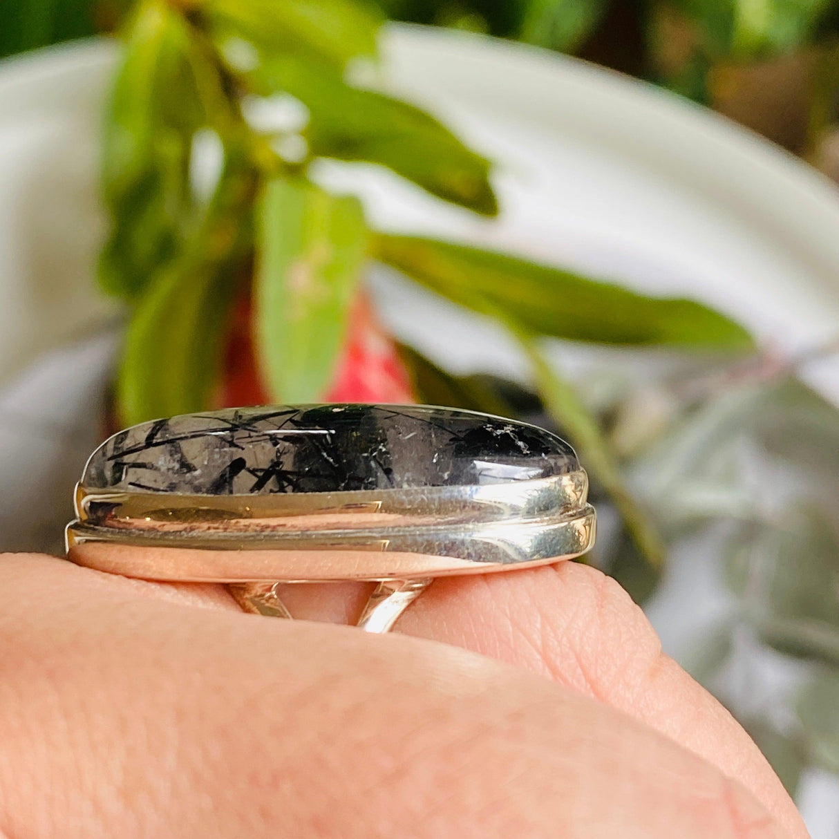 Black Tourmaline in Quartz oval cabochon ring with split band Size 10 KRGJ1421 - Nature's Magick