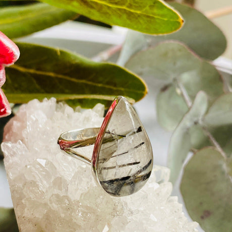 Black Tourmaline in Quartz teardrop cabochon ring s.7 KRGJ2378 - Nature's Magick