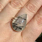 Black Tourmaline in Quartz teardrop cabochon ring s.7 KRGJ2378 - Nature's Magick