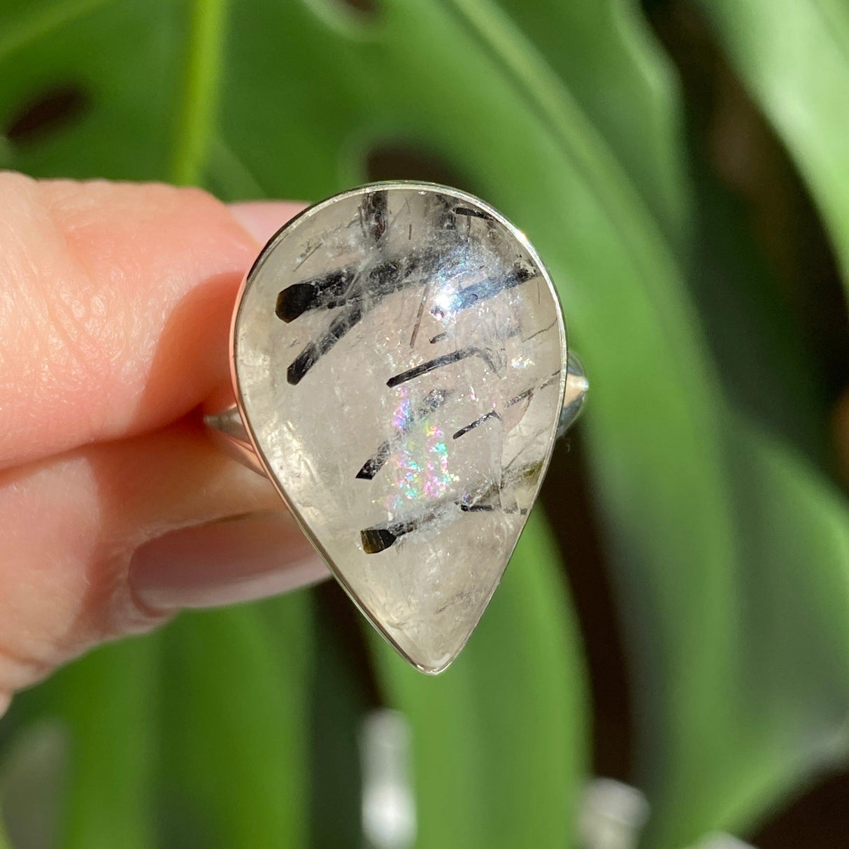 Black Tourmaline in Quartz teardrop cabochon ring s.7 KRGJ2378 - Nature's Magick