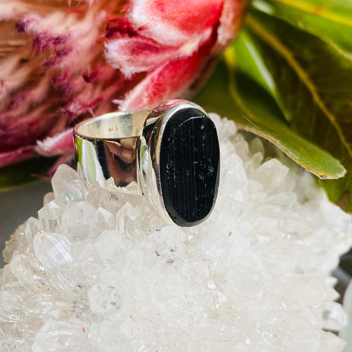 Black tourmaline oval raw ring s.7 KRGJ1815 - Nature's Magick