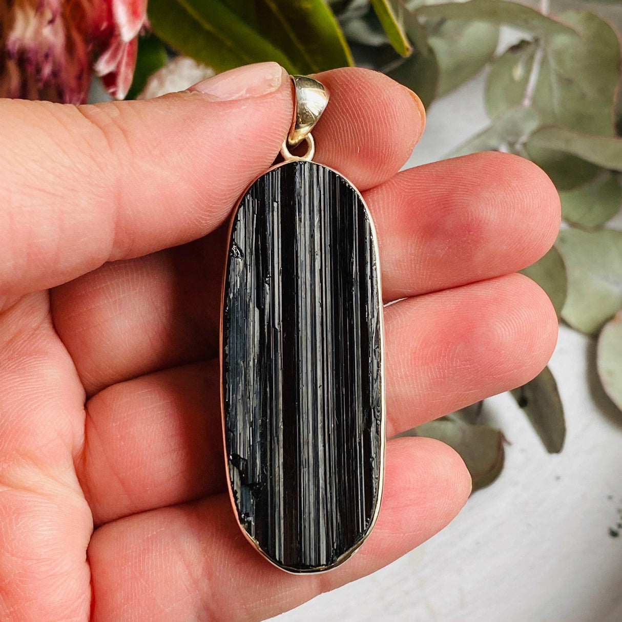 Black Tourmaline raw oval pendant KPGJ2551 - Nature's Magick