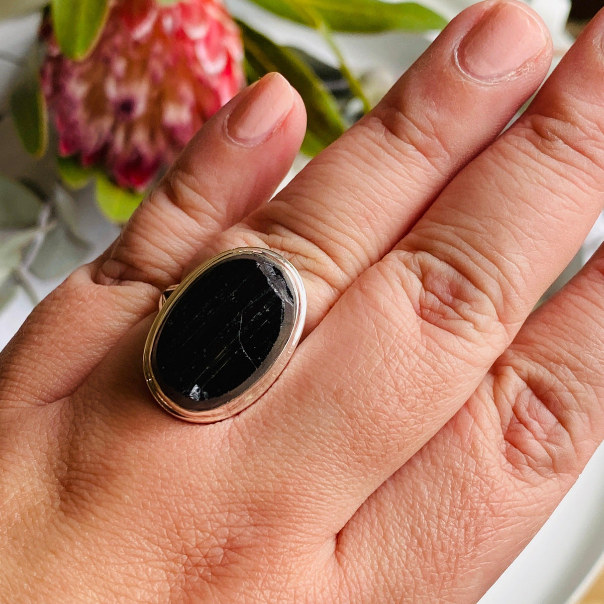 Black Tourmaline raw oval ring s.11 KRGJ2247 - Nature's Magick