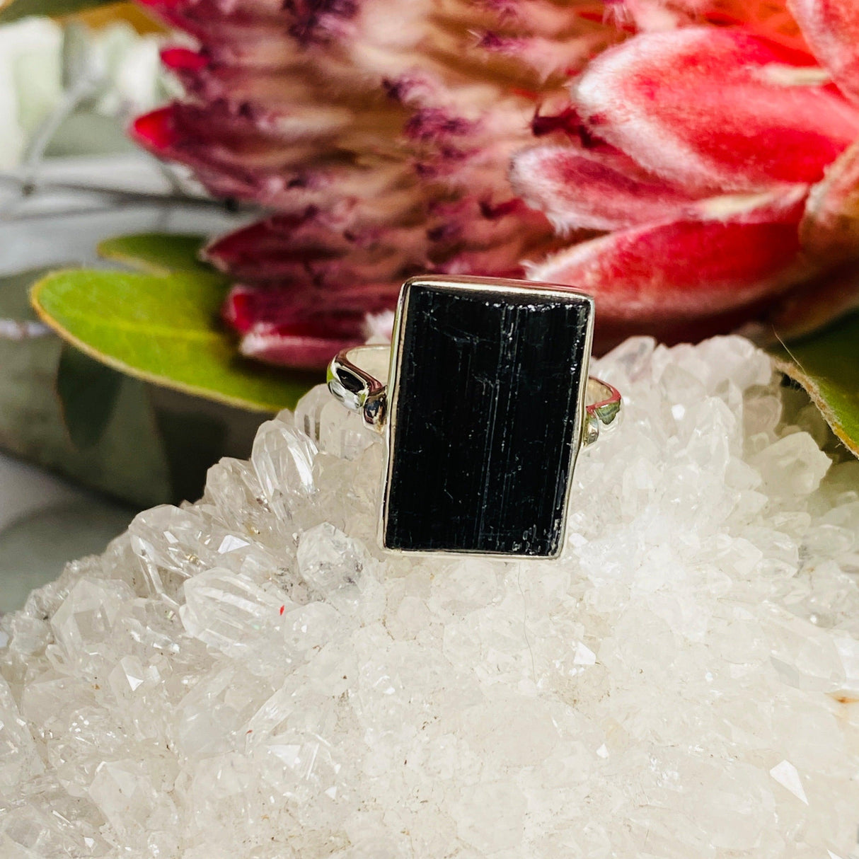 Black Tourmaline raw rectangular ring s.9 KRGJ2249 - Nature's Magick