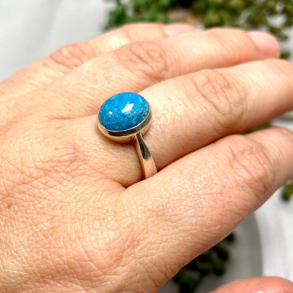 Blue Apatite oval cabochon ring s.7 KRGJ1788 - Nature's Magick