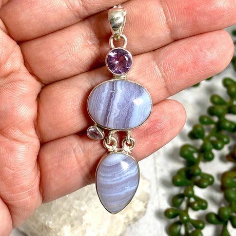 Blue Lace agate and Amethyst multi-stone pendant KPGJ2284 - Nature's Magick