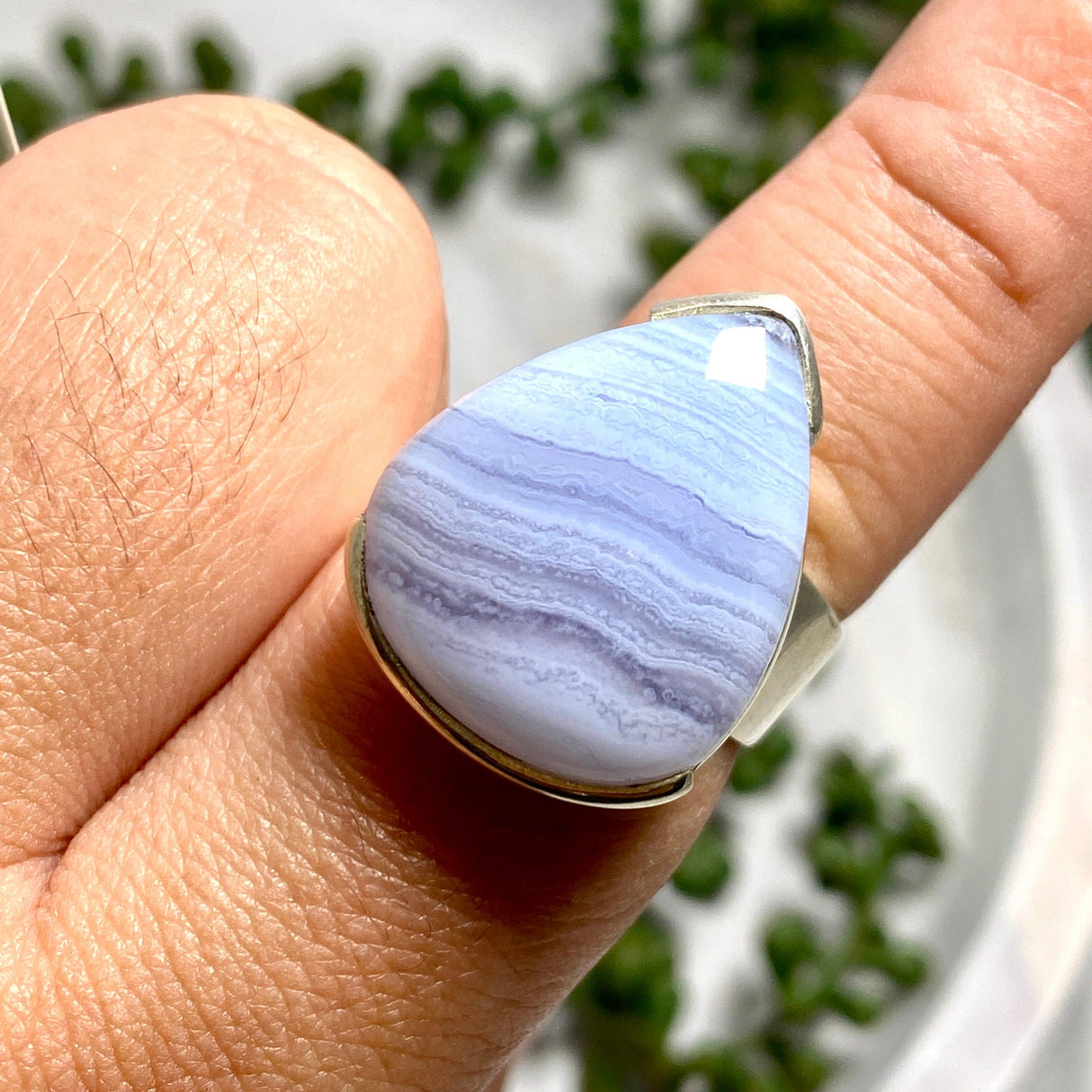 Blue Lace Agate teardrop cabochon ring s.10 KRGJ1898 - Nature's Magick