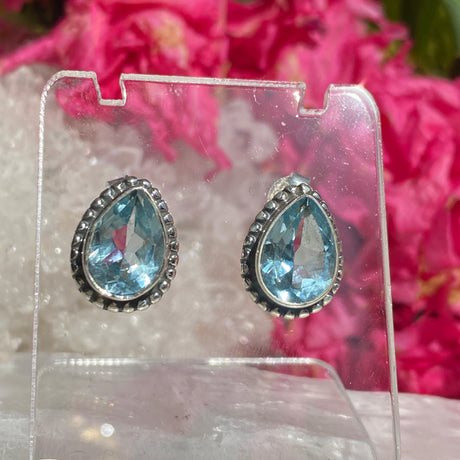 Blue Topaz decorative faceted teardrop stud earrings KEGJ1063 - Nature's Magick