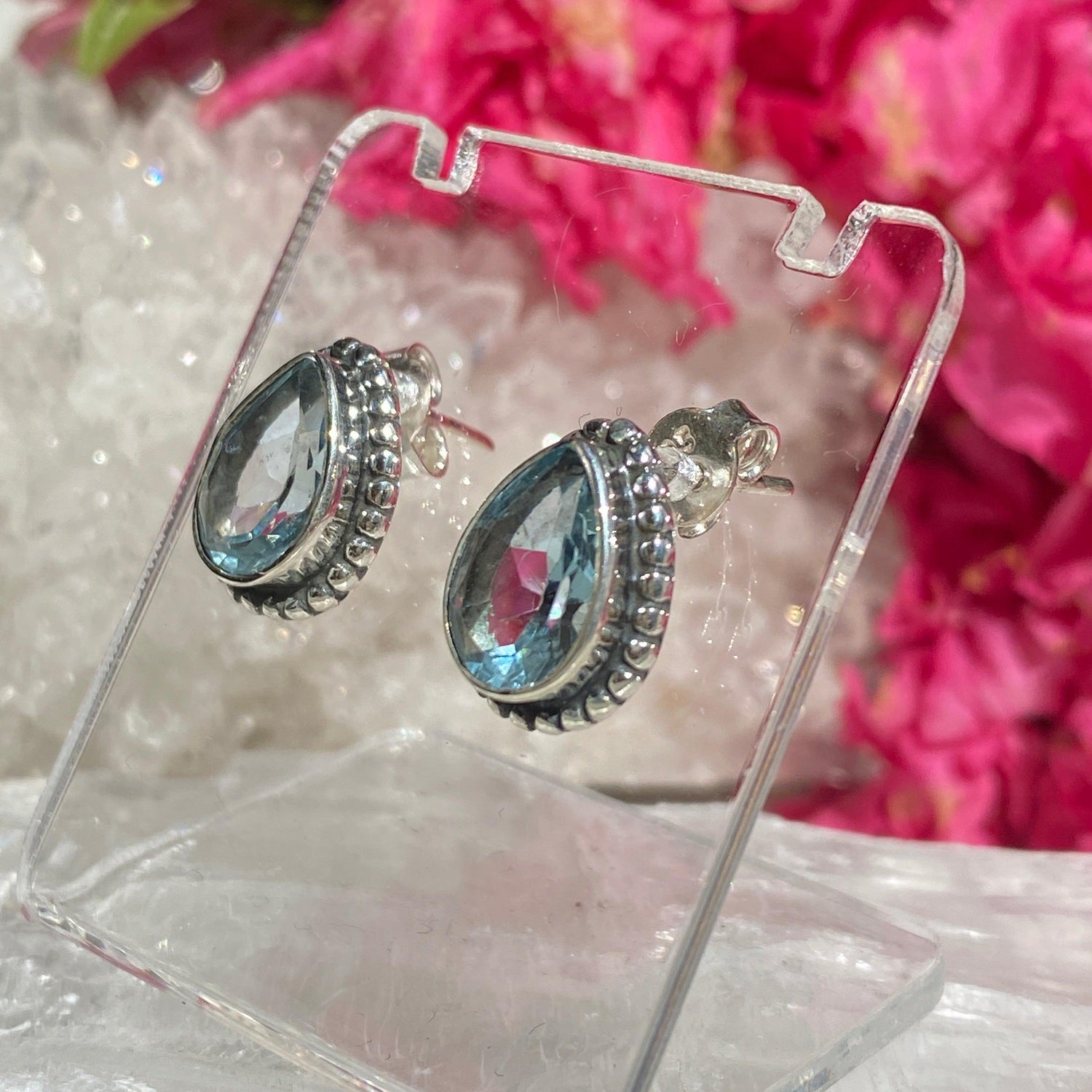 Blue Topaz decorative faceted teardrop stud earrings KEGJ1063 - Nature's Magick