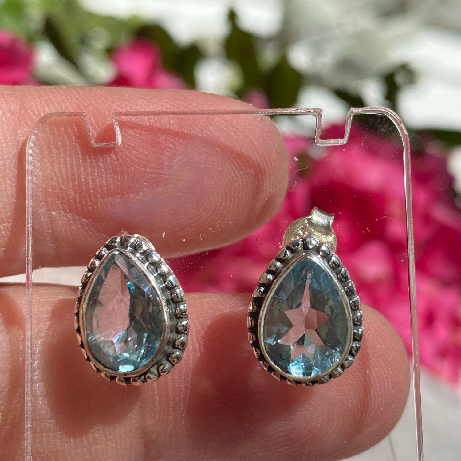 Blue Topaz decorative faceted teardrop stud earrings KEGJ1063 - Nature's Magick