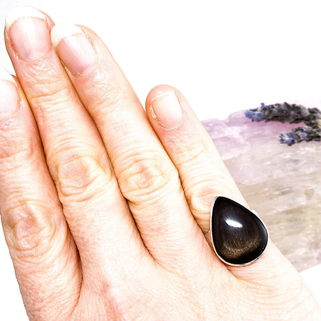 Bronze/Gold sheen Obsidian teardrop ring beaten band s.6.5 KRGJ1677 - Nature's Magick