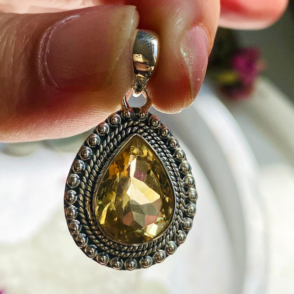 Citrine teardrop faceted detailed setting pendant KPGJ3007 - Nature's Magick