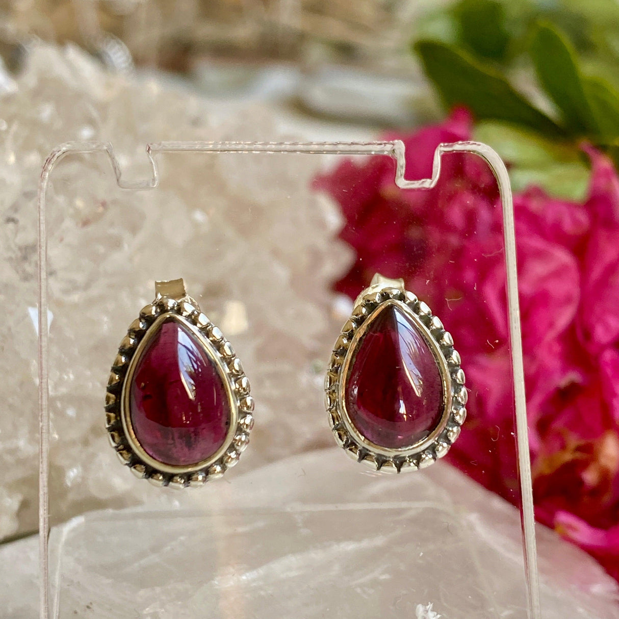 Garnet decorative cabochon teardrop stud earrings KEGJ1192 - Nature's Magick