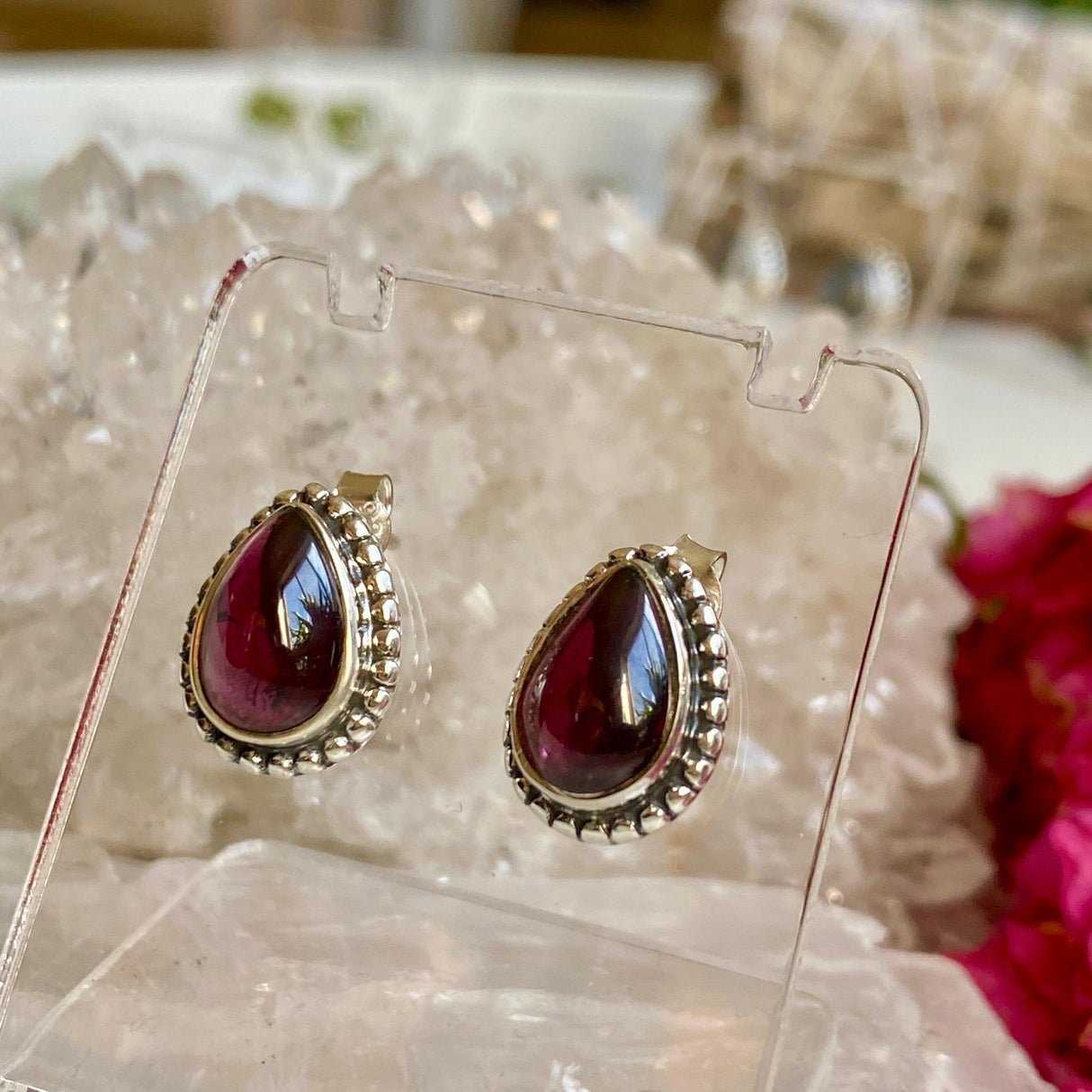 Garnet decorative cabochon teardrop stud earrings KEGJ1192 - Nature's Magick