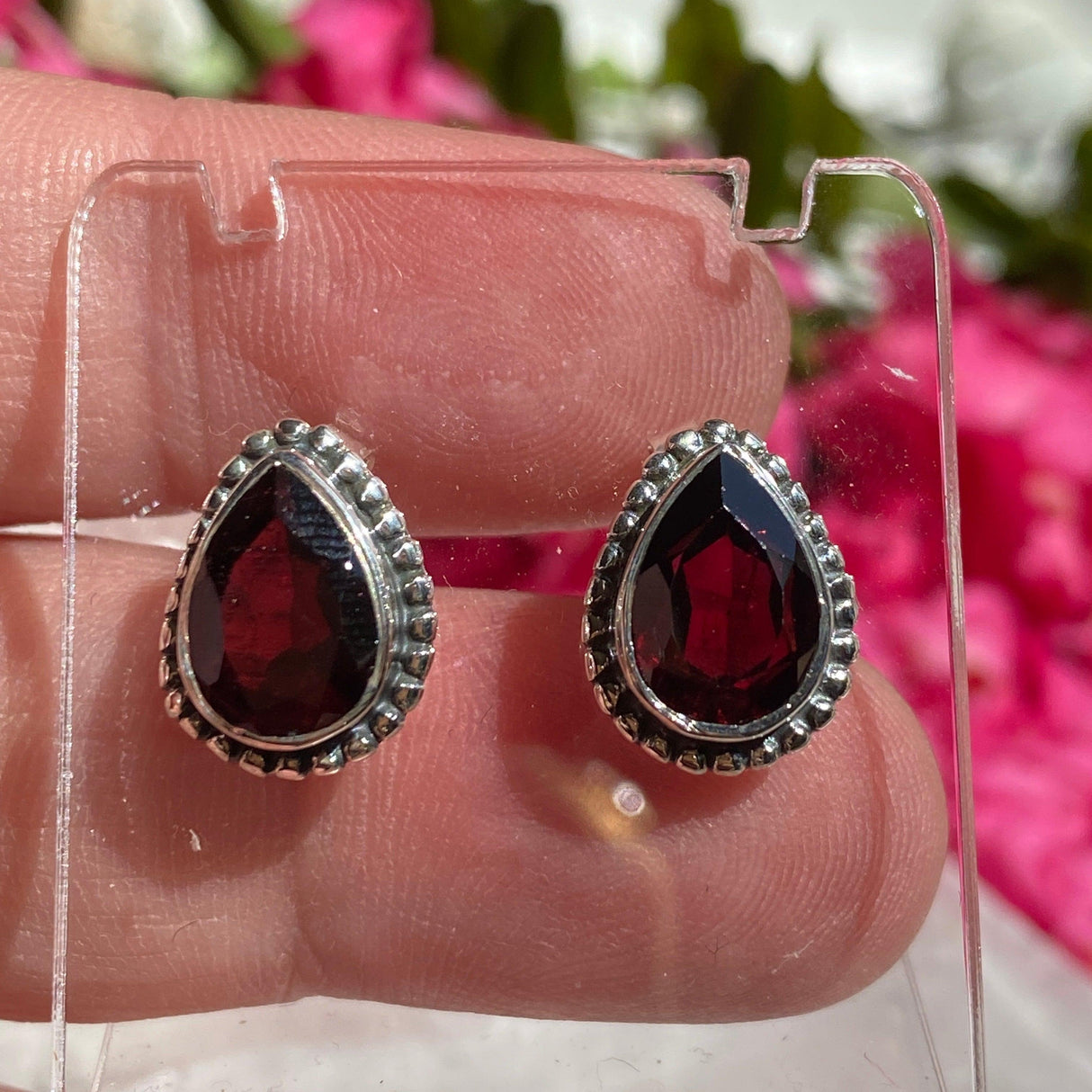 Garnet decorative faceted teardrop stud earrings KEGJ1066 - Nature's Magick