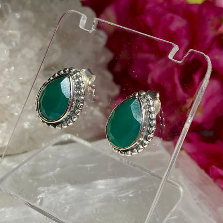 Green Chalcedony decorative faceted teardrop stud earrings KEGJ1068 - Nature's Magick